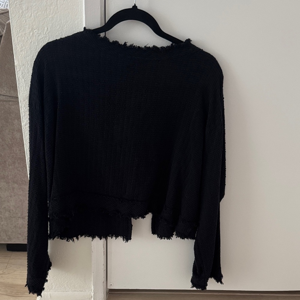 Free People Black Frayed Hem Blouse